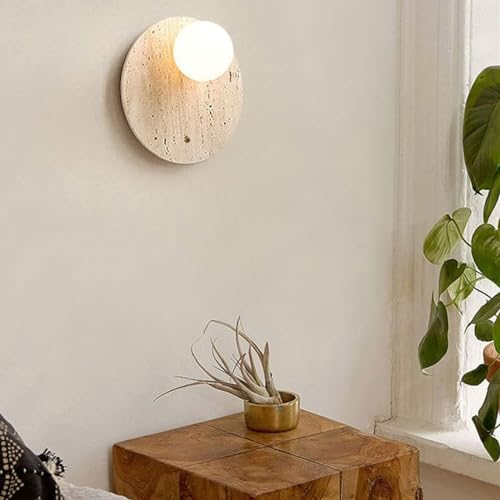 Image of Stone Wall lamp Set of 2 with Glass Lampshade Indoor Round Travertine Wall Sconce G9 Base Wall Lights Fixtures with Switch for Bedroom Living Room Bathroom Vanity