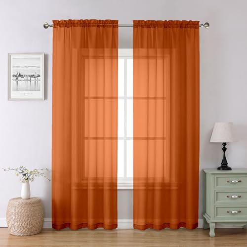 Lecloud Orange Sheer Curtains 84 Inches Long 2 Panels Set Rod Pocket Transparent Window Treatments for Living Room Lightweight Breathable Voile Bedroom Curtains Home Decor Each Panel 42 X 84 Inch