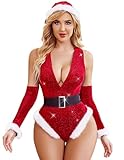 Avidlove Women Christmas Lingerie Bodysuits Sexy Deep V Plunging Teddy with Christmas Hat and Fingerless Gloves Red L