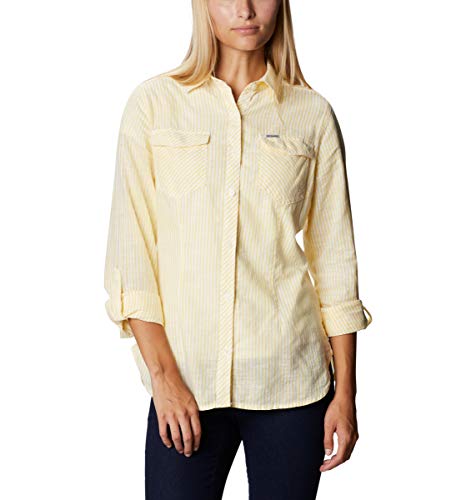 Columbia Women's Camp Henry Ii Long Sleeve Shirt, Sun Glow Vertical Stripe, Large #TOP4