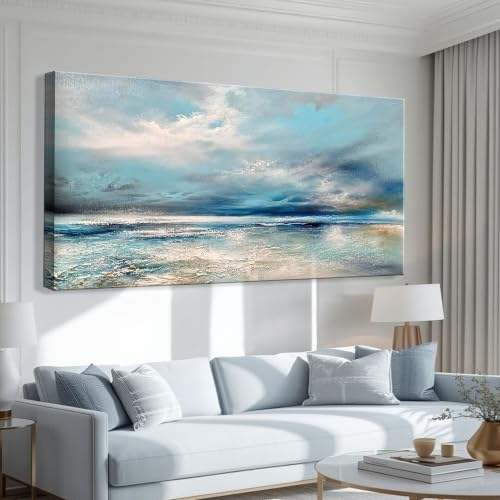 OKEXCKK Abstract Beach Canvas Wall Art Blue Minimalist Painting Decor Textured Modern Seascape Artwork Ocean Picture Print for Living Room Bedroom Office Decoration - 20"x40"