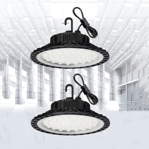 LED High Bay Light, 200W 24000LM UFO LED High Bay Lights with US Plug 5' Cable, 6500K Super Bright LED Shop Lights, IP65 Warehouse Light, Area Light Fixture Lightingfor Garage Workshop Hook Mount Cover