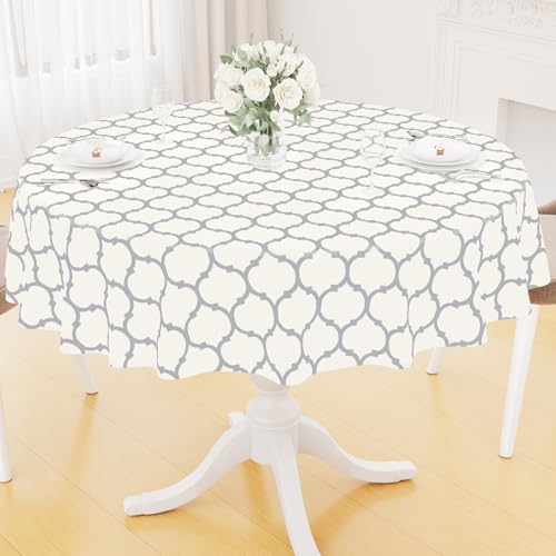 Image of Smiry Round Plastic Table Cloth, Waterproof Vinyl Tablecloth with Flannel Backing for Round Tables, Wipeable & Spillproof for Dining, Camping, Indoor and Outdoor 60 inch Round, Beige