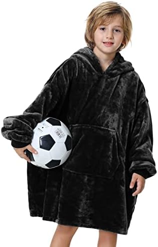 Wearable Blanket Hoodie, Oversized flannel Blanket Sweatshirt with Hood Pocket and Sleeves, Cozy Soft Warm Plush Hooded Blanket for Kids,Youth, Boys, Girls, One Size Fits All (Black)