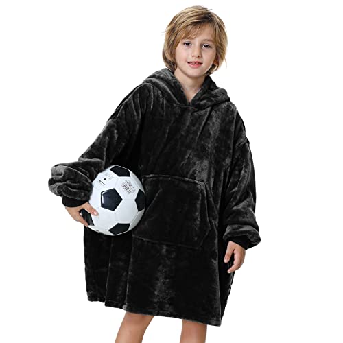 Wearable Blanket Hoodie, Oversized Flannel Blanket Sweatshirt With Hood Pocket And Sleeves, Cozy Soft Warm Plush Hooded Blanket For Kids,Youth, Boys, Girls, One Size Fits All (Black) #TOP6