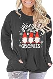Plus Size Christmas Gnome Shirt Women Hanging with My Gnomies Christmas Long Sleeve Holiday Tshirt with Pocket 2-5X