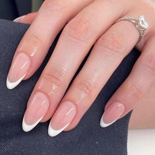 Modelones French Tip Press on Nails Almond Christmas Short Almond Fake Nails Reusable Kit with Glue Adhesive Tabs Mini File Press Ons 32Pcs 16 Sizes