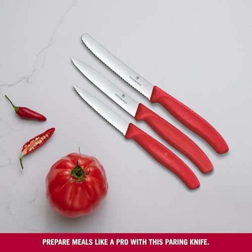 Victorinox Swiss Classic 3-częściowy zestaw noży kuchennych do obierania, nóż do pomidorów i nóż do musli, wytrzymały uchwyt z tworzywa sztucznego, stal nierdzewna, czerwony