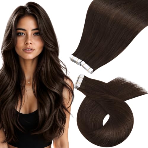 Moresoo Dark Brown Tape In Extensions Real Human Hair, 16 Inch, 40Pcs, 100g