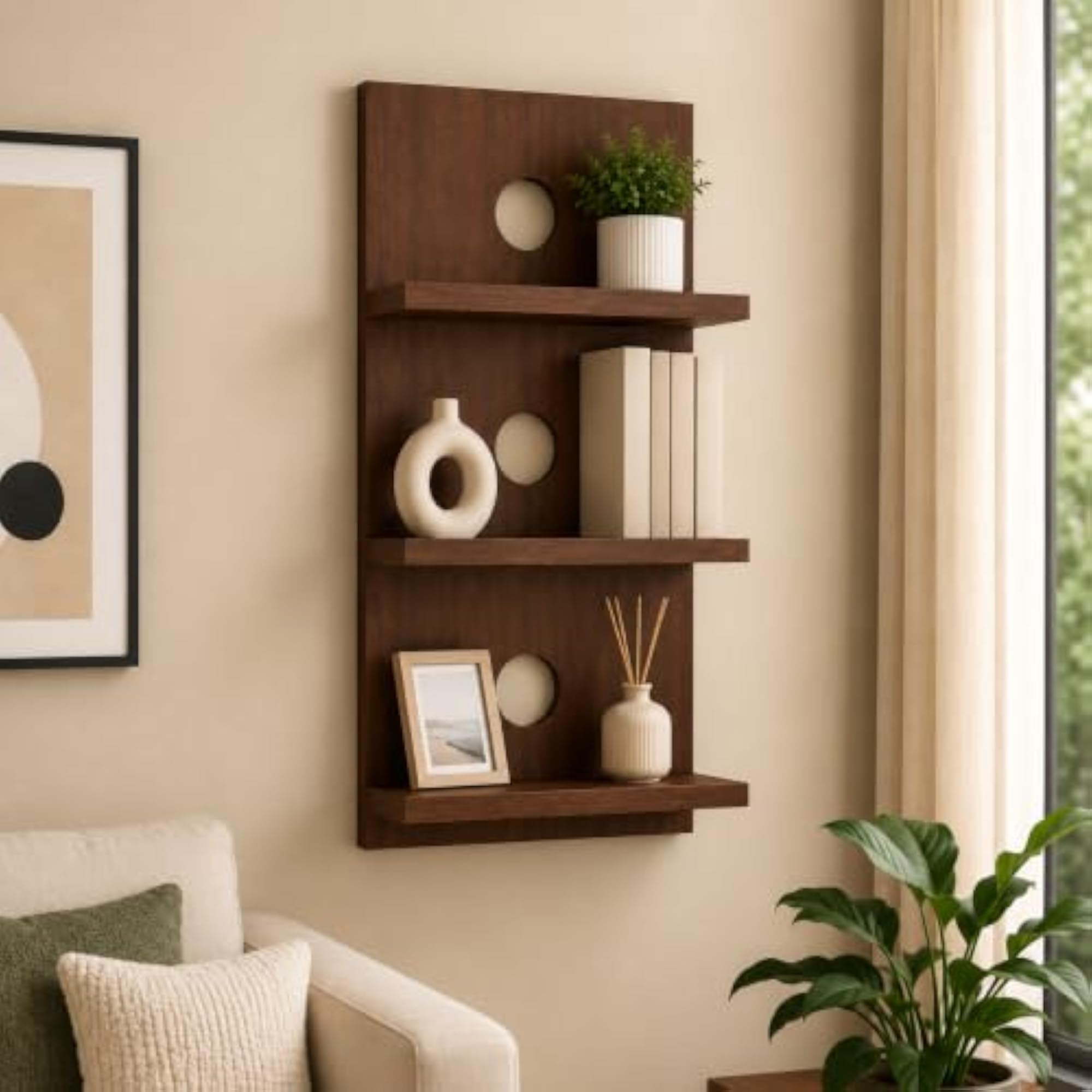 3-Tier Wall Mounted Wooden Shelf, Walnut