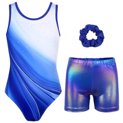 Gymnastics Leotards for Girls with Shorts Sparkly Ballet Dance Activewear White-blue Diamond Set 12-13 Years