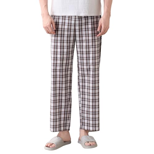 [Vulcanodon] パジャマ ボトムス メンズ ルームウェア パンツ ズボン 春 夏 秋 綿100% 薄手 吸汗 通気 速乾 肌に優しい ゆったり 快適 部屋着 ポケット付き おしゃれ チェック柄 男性用 ギフト ダークブラウン ・ホワイト Mサイズ