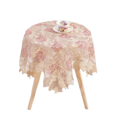Lace Floral Tablecloth Vintage Round Tablecloth Decorative Exquisite Border Table Cover for Party Wedding Home Decorations, Round-48, Pink