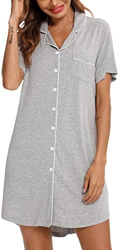 Short Sleeve Nightgowns for Women, Cute Sleepwear Button Down Sleep Shirt Dress Light Grey Large