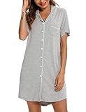 Women's Nightshirt Short Sleeve Button Down Nightgown Sleepwear Pajama Dress Light Grey Small