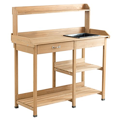 Wooden Outdoor Planting Gardening Garden Potting Bench Workbench Workstation Table Removable Sink Drawer 2 Tiers Storage Shelves Rack Open Shelf 3 Side Hooks Gardening Supplies Tools Storage #TOP4