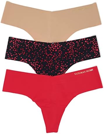 Victoria's Secret No Show Thong Panty Set of 3 Medium Nude / Black Mini Hearts / Red