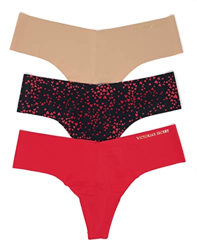Victoria's Secret No Show Thong Panty Set Of 3 Medium Nude / Black Mini Hearts / Red #TOP3