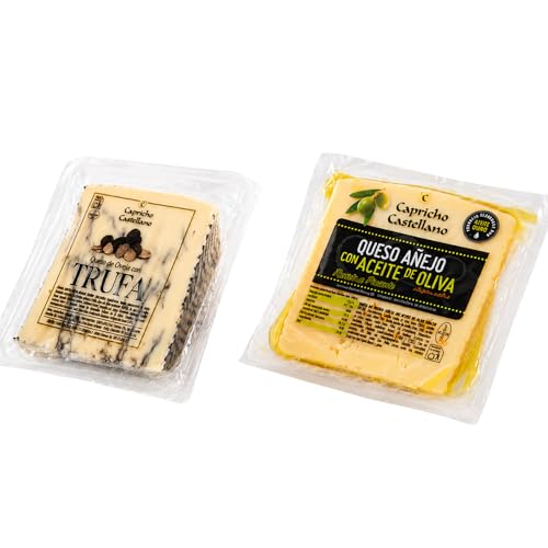 Lote 2 Cuñas Queso Artesano Gourmet Capricho Castellano | Queso Añejo de Mezcla con Aceite de Oliva Virgen Extra (Leche Cruda) + Queso de Oveja Curado con Trufa | 2 x 200 g | Tabla de Quesos y Regalo