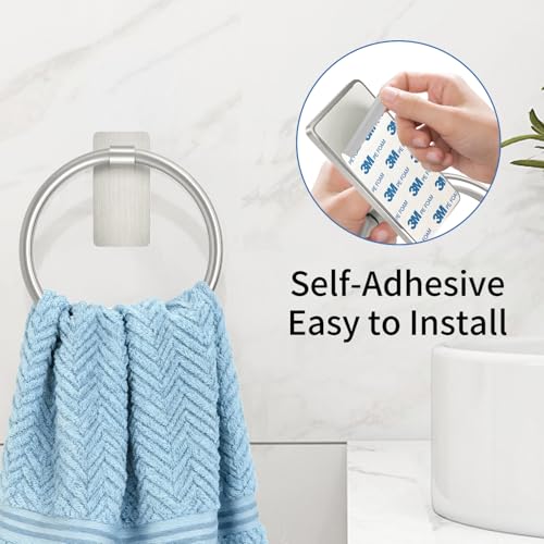 Image of STWWO Brushed Nickel Towel Ring, Hand Towel Holder for Bathroom, 2 Pack | Self Adhesive Hand Towel Rings for Bath RV Kitchen, No Drill Hole, Silver