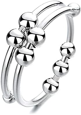 Silver Adjustable Fidget Rings, Anxiety Relief ring, Anti-worry Bead Rings Spinner Ring Gift for Women Men Girls