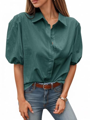 Image of Tankaneo Women's Button Down Shirts Short Puff Sleeve Collared Dressy Casual Blouse Tops