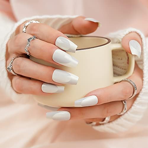 White French Press on Nails Medium, Jofay Fashion Coffin French Fake Nails Reusable Glue on Nails, Glossy Salon Like Acrylic False Nail Tips Artificial Finger Manicure for Women and Girls (24pcs,12 Sizes)