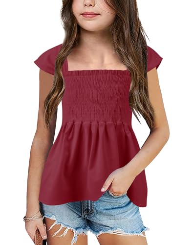 Image of Bingerlily Girls Summer Casual Tops Square Neck T Shirts Cute Smocked Top Tees