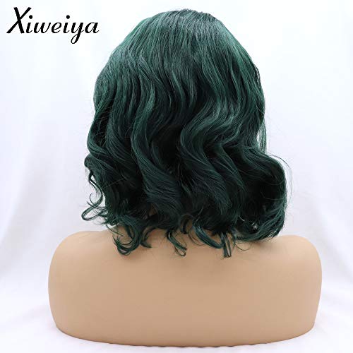 Xiweiya Wigs Short Curly Bob Wig Dark Green Hair With Air Bangs Shoulder Bob Synthetic Wigs None Lace Front Wig Cosplay For Women, Girl Colorful Costume Wig14 Inches(Dark Green) #TOP3