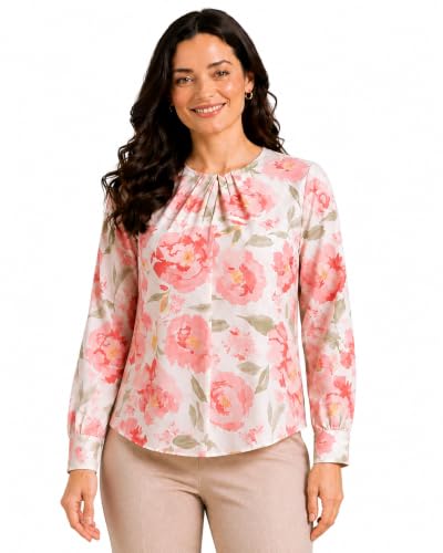 Image of Mirana Women's Full Sleeve Solid Top | Round Neck Pleated Front Regular Fit Office Casual Blouse with Button Cuffs