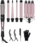 Karrong 6 in 1 Curling Iron Set with 3 Barrel Sizes (1.3", "0.35"-1.25"), Ceramic & Tourmaline Heating Surface, 2 Temperature Settings, Includes Comb, Glove & Clips