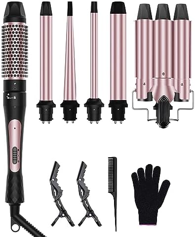 6 in 1 Wand Curling Iron Set, 3 Barrel Curling Wand Set with Thermal Brush (1.5") and 5 Interchangeable Ceramic Hair Wand Curler (0.35"-1.25"), Home Travel Multi Curl, 2 Temp 30S Instant Heat Up