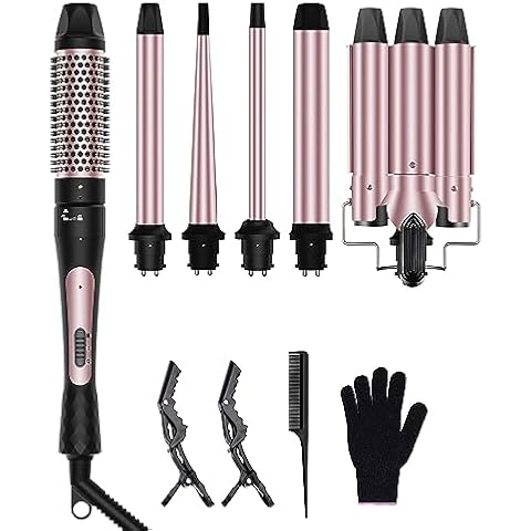 6 in 1 Curling Iron, 3 Barrel Curling Iron Set with Curling Brush (1.5inch) and 5 Interchangeable Ceramic Curling Wand(0.35"-1.25"), 2 Temp Heating Setting, Contain Comb & Protective Glove & 2 Clips Cover