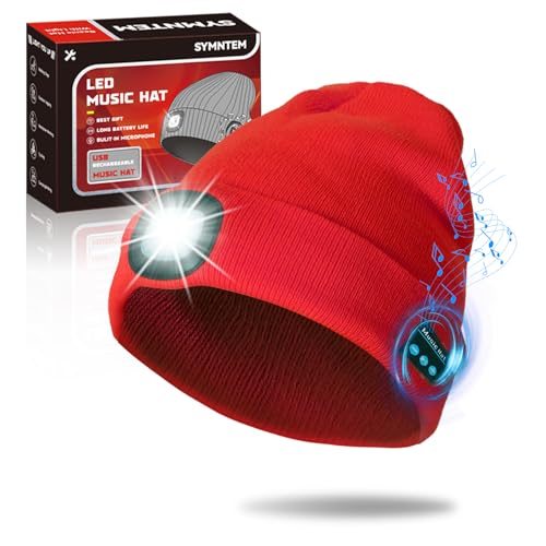 SYMNTEM Gifts for Men, Rechargeable Bluetooth Music Unisex Beanie Hat with Light, Valentines Day Gifts for Him, Birthday Gifts for Men, Women, Red