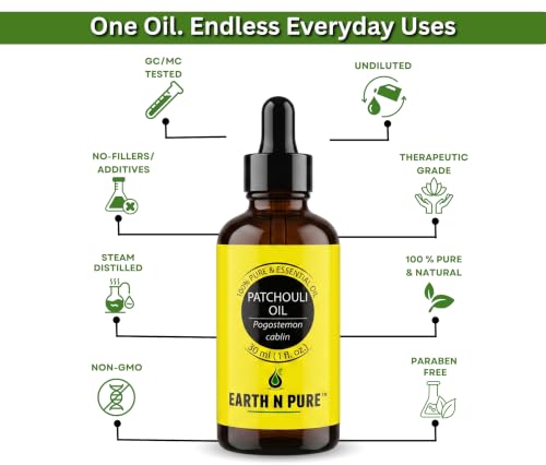 Image of Earth N Pure Patchouli Essential Oil | 100% Pure & Natural | Undiluted | For Diffuser, Aromatherapy, Skincare, Hair Care & Perfume Making | Deep Earthy Aroma | 30ml