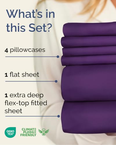 Image of Flex Top Split Head King 6 Piece Sheet Set - Breathable & Cooling - Purple | Ultra Soft Hotel Luxury Bedding Set w / 8-16 Inch Deep Pockets, 1 Flat & 1 Split-Head Fitted Sheet & 4 Pillowcases, Fade Free