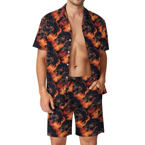 Lyngora Cool Wolf Red Flame Print Mens Summer Vacation Cruise