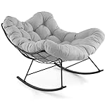 COSTWAY Outdoor Rocking Chair, Oversized Patio Wicker Egg Chair with Thick and Removable Cushion, Rattan Comfy Rocking Lounge Chairs for Living Room, Balcony & Yard (Light Grey, 110 x 95 x 94 cm)