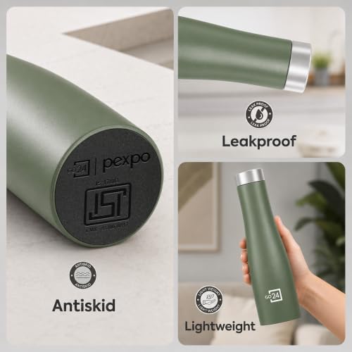 Image of Go24 pexpo Monaco 1000 ISI Certified Stainless Steel Sports /Fridge Water Bottle with Steel Cap, 970ml, Military Green | BPA Free | Water Bottle for Office, Gym, School, Yoga, Trekking, Adults&Kids