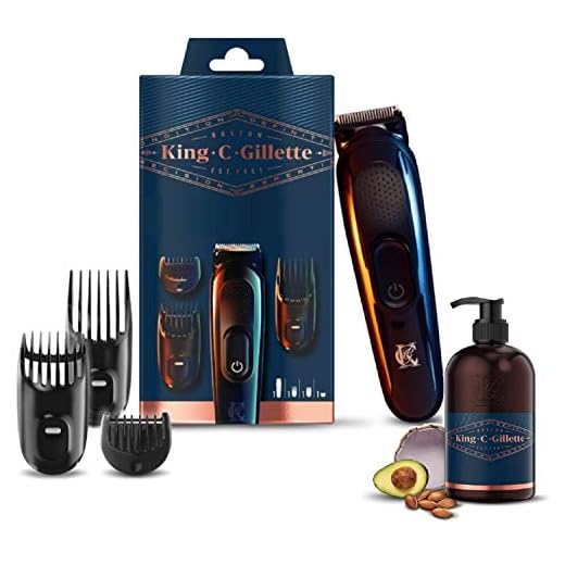King C. Gillette Recortadora de Barba y Cortapelos Inalámbrica, con Cuchillas y 3 Peines Intercambiables + Gel para Barba y Rostro con Agua de Coco, Aceite de Argán y Aceite de Aguacate, 350 ml