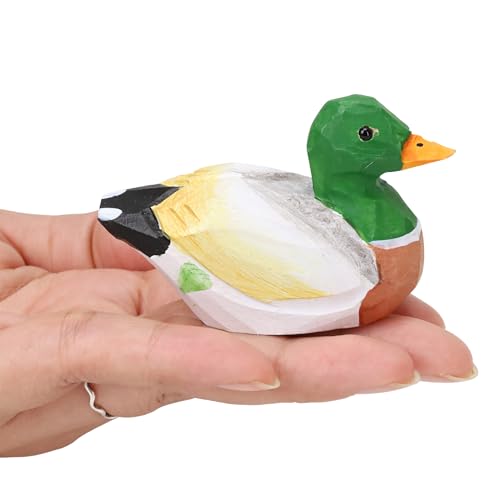 Mallard Duck Figurine Hand-Carved Wooden Male Drake Statue Small Rustic Wildlife Sculpture Miniature Nature-Inspired Decoration Ornament for Home Decoy Cake Topper Animal Gift Collectible