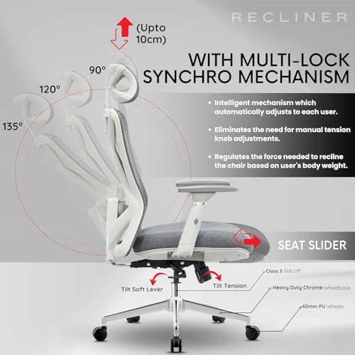 Image of Aeronaut Ergonomic Office Chair for Work | Multi-Lock Synchro Tilt Mechanism with Seat Slider | 5 Year Warranty | 3D Armrest | Adjustable Lumbar (Grey, 3D with Seat Slider)