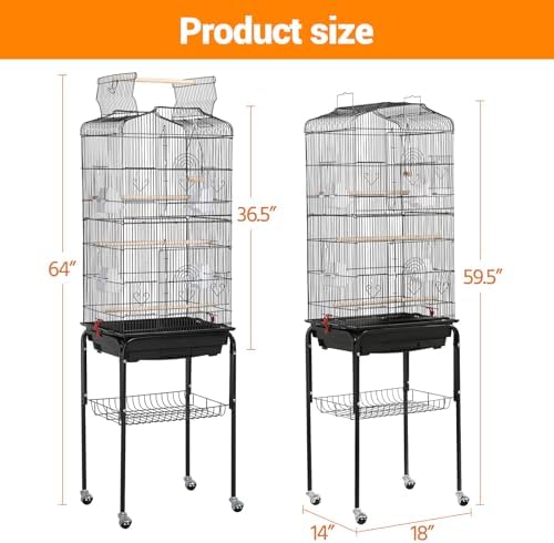 65.5in Large Bird Cage with Play Open Top, Metal Bird Flight Cage with Detachable Rolling Stand & Storage Shelf for Parrots Conures Lovebird Cockatiel Parakeets, Black - 2