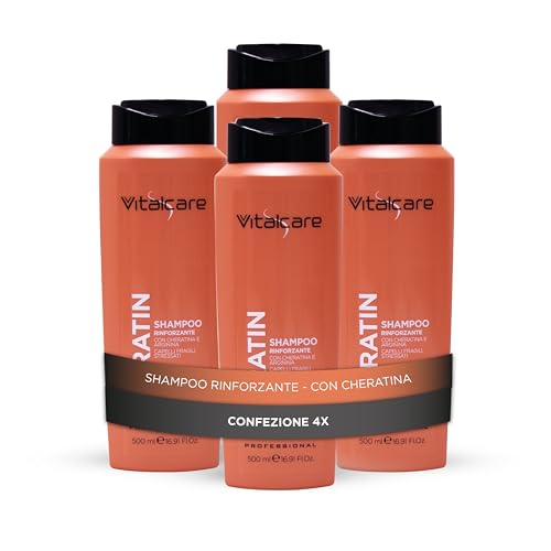 Vitalcare | Keratin - Champú fortalecedor para el cabello, limpia suavemente el cabello frágil y estresado, con queratina y arginina, 4 x 500 ml