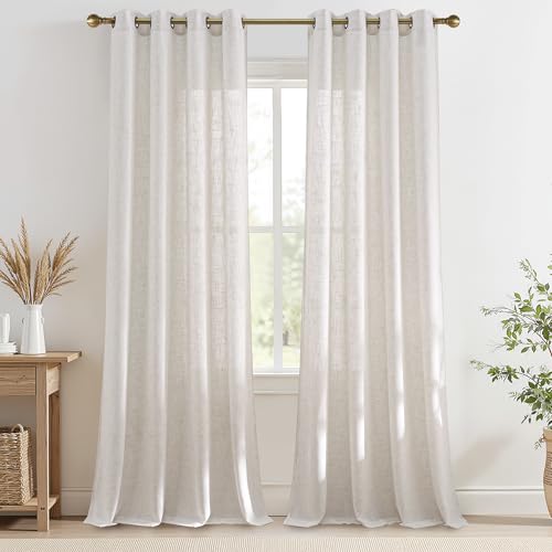 PONY DANCE Visillos Dormitorio de Lino Grueso, Cortinas Semi Opacas con Ojales 2 Piezas para Salon/Habitacion Juvenil/Comedor,140x225cm,Lino Claro