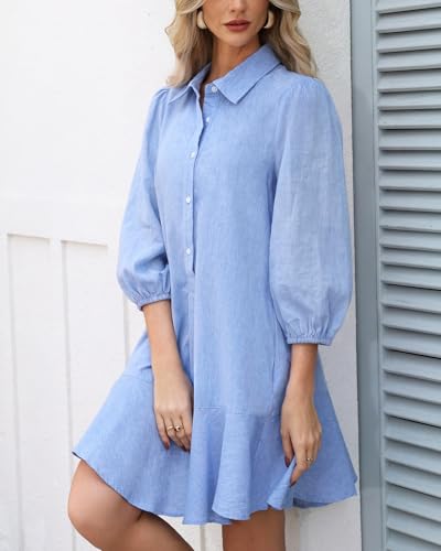 Image of YEXPINE Women Button Down Dress Casual 3 /4 Puff Sleeve Cotton Linen Dress Flowy Ruffle Hem Tunic Shirt Dresses