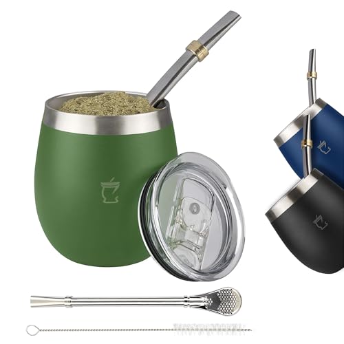 BARGRIN Kit Mate Argentino Completo - Incluye Bombillas Para Mate - Capacidad 8oz - Dos Bombillas de Acero y Cepillo para Limpieza (Verde)