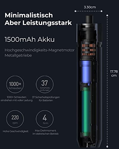 HOTO Mini Akkuschrauber , 3,6V Elektro Schrauberdreher, LED Ringlicht, 3 Drehmoment, max. 8Nm, Schrauber Set mit 12 S2-Stahl Bits, 1500mAh Akku und USB-C Ladekabel, Aluminium-Transportbox Grau – Bild 6