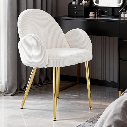 Image of Eifizek Home Office Chair, Modern Corduroy Upholstered Vanity Desk Chair with Gold Legs for Girls Women, Ergonomic Padded Backrest for Living Room, Beige
