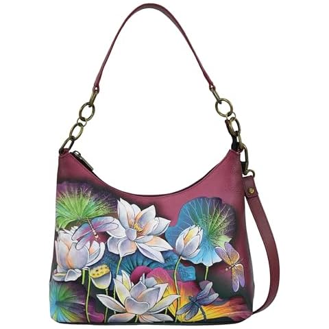 Anna by Anuschka Women’s Original Leather Hand-Painted Hobo Shoulder Bag, Lotus Blossoms Cover